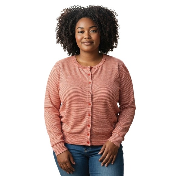 Talbots Woman Petites Coral White Striped Button Down Cardigan Sweater 1X - Picture 1 of 9